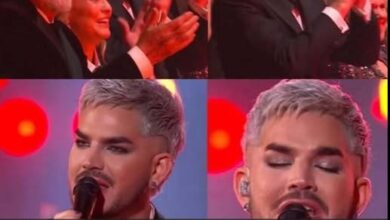 Four-panel collage of Brian May and Roger Taylor applauding and Adam Lambert singing, with a fan quote beneath.
