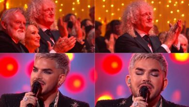 Collage of Adam Lambert performing and Brian May and Roger Taylor applauding at the Polar Music Prize.