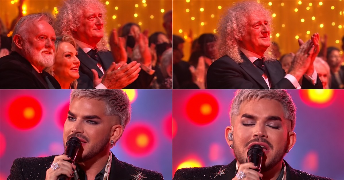 Collage of Adam Lambert performing and Brian May and Roger Taylor applauding at the Polar Music Prize.